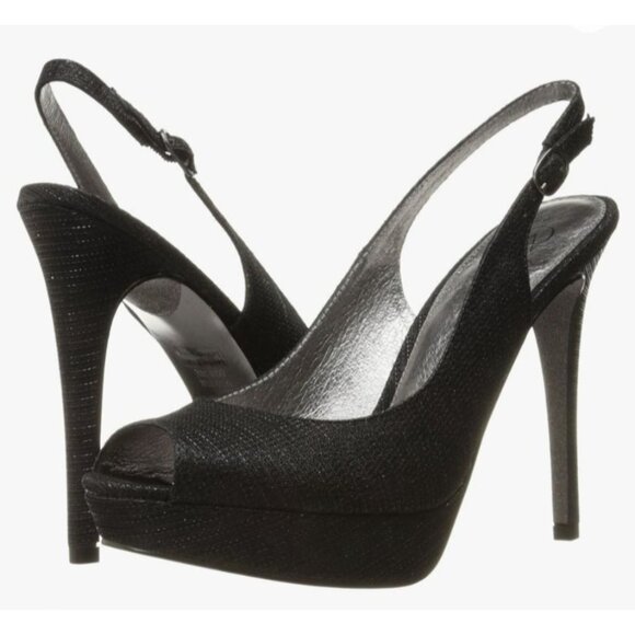 Adrianna Papell Womens Size 7 Black Glitter Peep Toe Slingback High Heels 4.5" - Picture 12 of 16